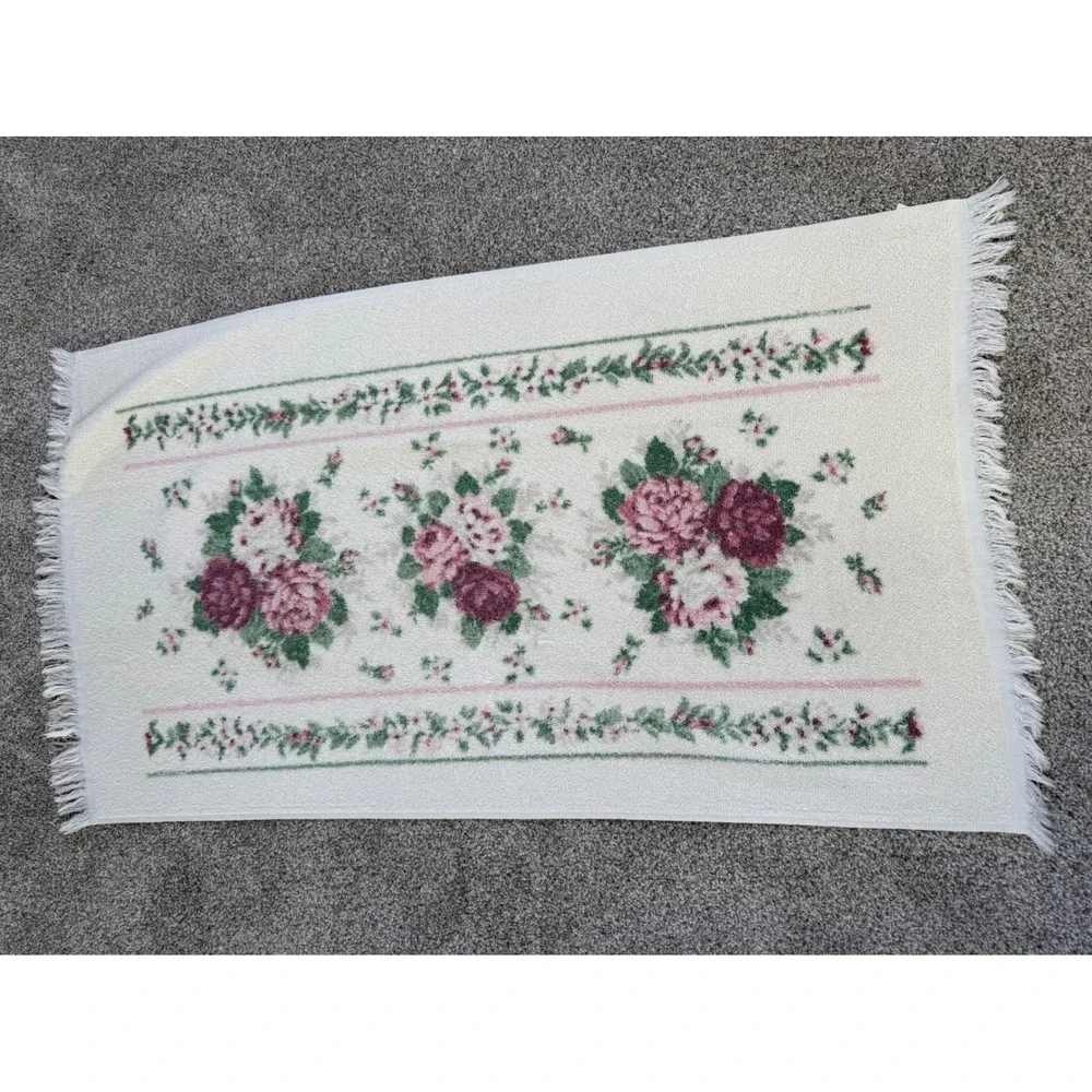 Vintage Franco Floral Rose Towel Set 4pc Pink Burgundy Fringe Made‎ in USA